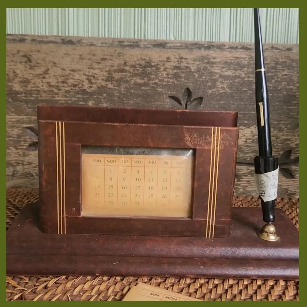 Rare 1940s Leather Desk Set | Swiveling Dip Ink Pen & Calendar Vintage Executive